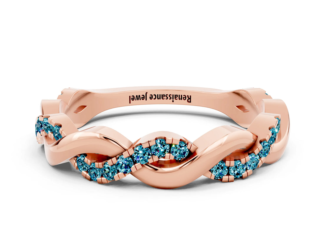 Rose gold Pavé Round Blue Topaz Twist Eternity Band with Shared Prong Setting_18