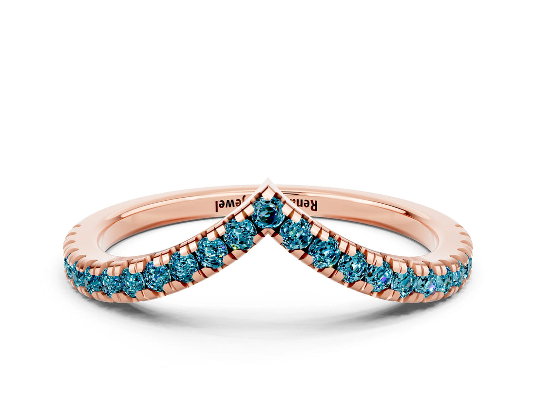Rose gold Pavé Round Blue Topaz V-Shaped Chevron Band with Shared Prong Setting_6