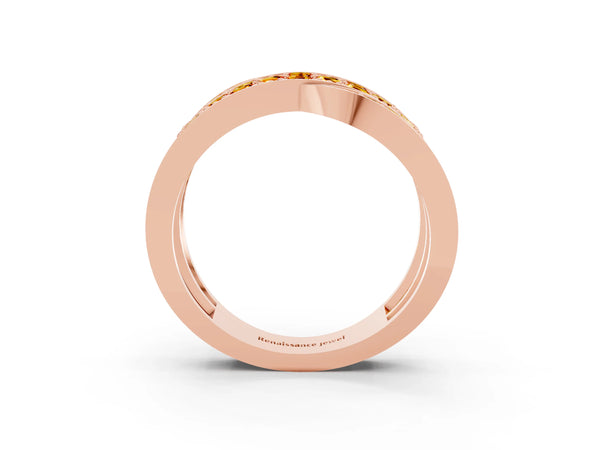 Rose gold Pavé Round Citrine Crossover Band with Bead Prong Setting