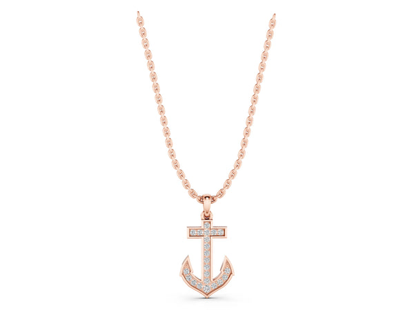 Rose gold Pavé Round Diamond Anchor Pendant with Four-Prong Setting