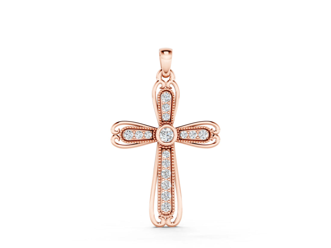 Rose gold Pavé Round Diamond Cross Pendant with Bezel Setting_50