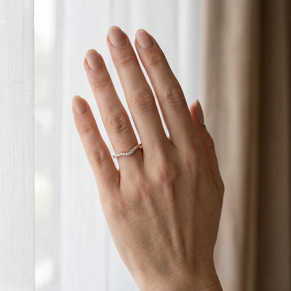 Rose gold Pavé Round Diamond Curved Wedding Band with Shared Prong Setting