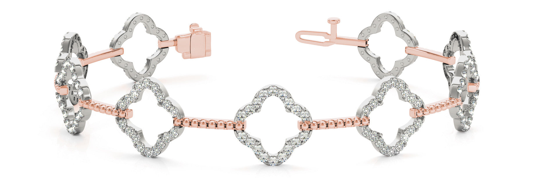 Rose gold Pavé Round Diamond Open Clover Link Bracelet with Box Clasp