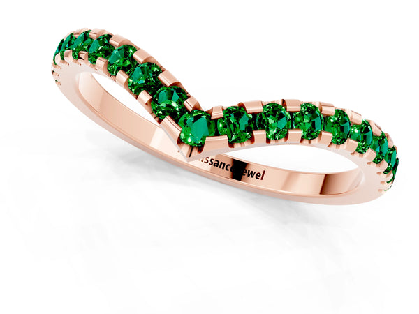 Rose Gold Round Lab-Grown Emerald Pave Chevron Curved Wedding Band with Shared Prongs