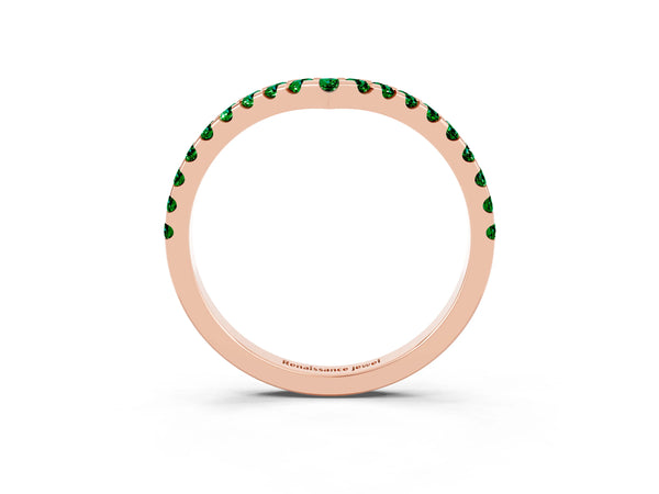 Rose Gold Round Lab-Grown Emerald Pave Chevron Curved Wedding Band with Shared Prongs