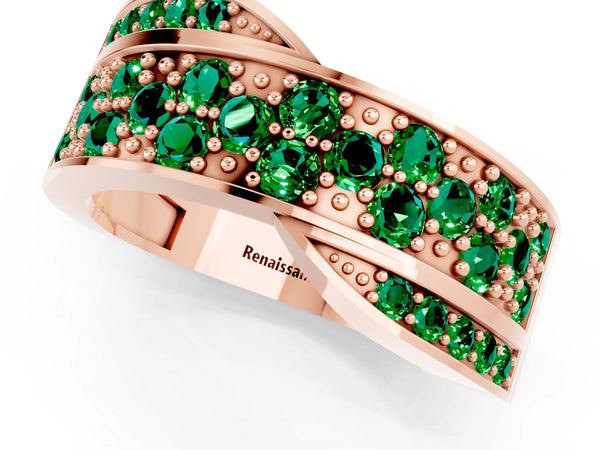 Rose gold Pavé Round Emerald Crossover Band with Bead Prong Setting