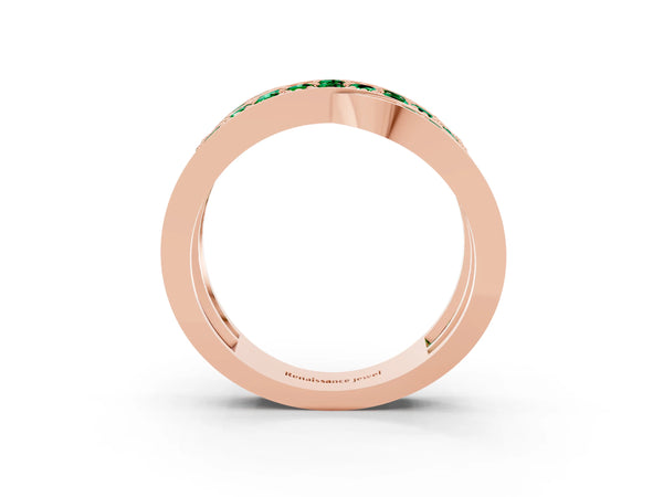 Rose gold Pavé Round Emerald Crossover Band with Bead Prong Setting