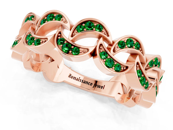 Rose Gold Round Lab-Grown Emerald Pave Interlocking Link Wedding Band with Open Links