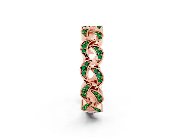 Rose Gold Round Lab-Grown Emerald Pave Interlocking Link Wedding Band with Open Links