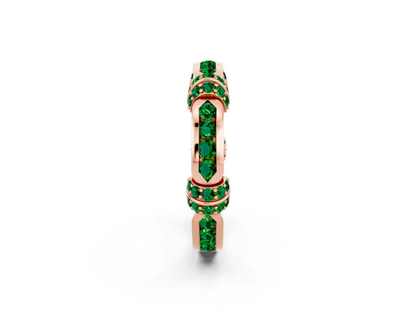 Rose Gold Lab-Grown Emerald Pave Link Wedding Band with Channel Set Top Panel