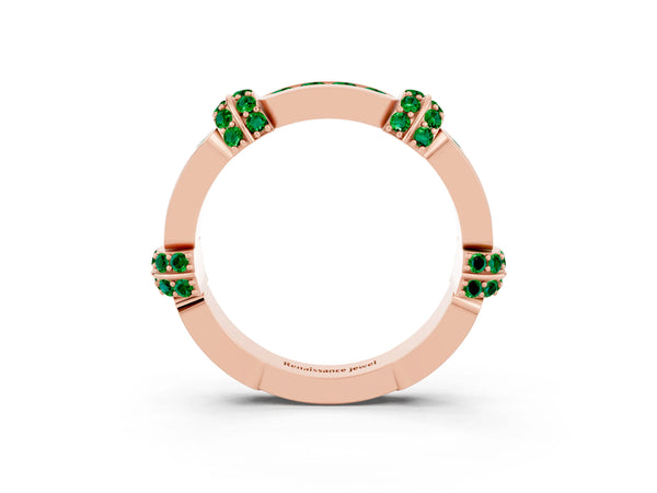 Rose Gold Lab-Grown Emerald Pave Link Wedding Band with Channel Set Top Panel