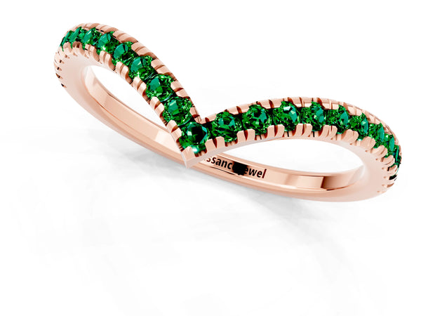 Rose Gold Round Lab-Grown Emerald V Chevron Pave Wedding Band with Shared Prongs