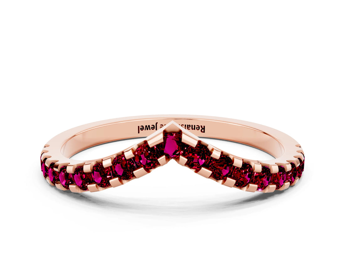 Rose gold Pavé Round Garnet Chevron Band with Shared Prong Setting_6