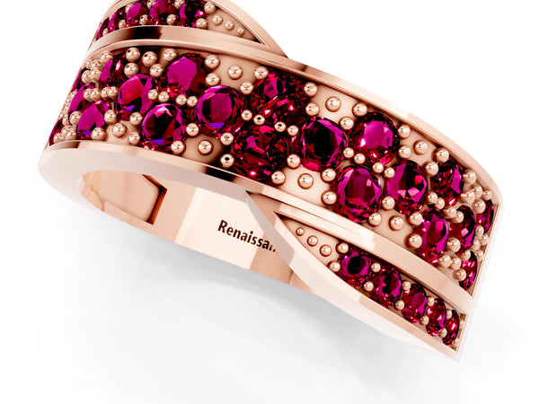 Rose gold Pavé Round Garnet Crossover Band with Bead Prong Setting