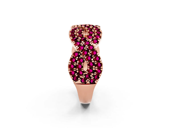 Rose Gold Round Garnet Pave Infinity Twist Wedding Band with Shared Prongs