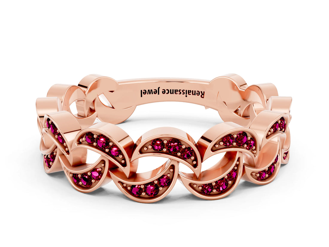 Rose gold Pavé Round Garnet Interlocking Eternity Band with Bezel Prong Setting_6