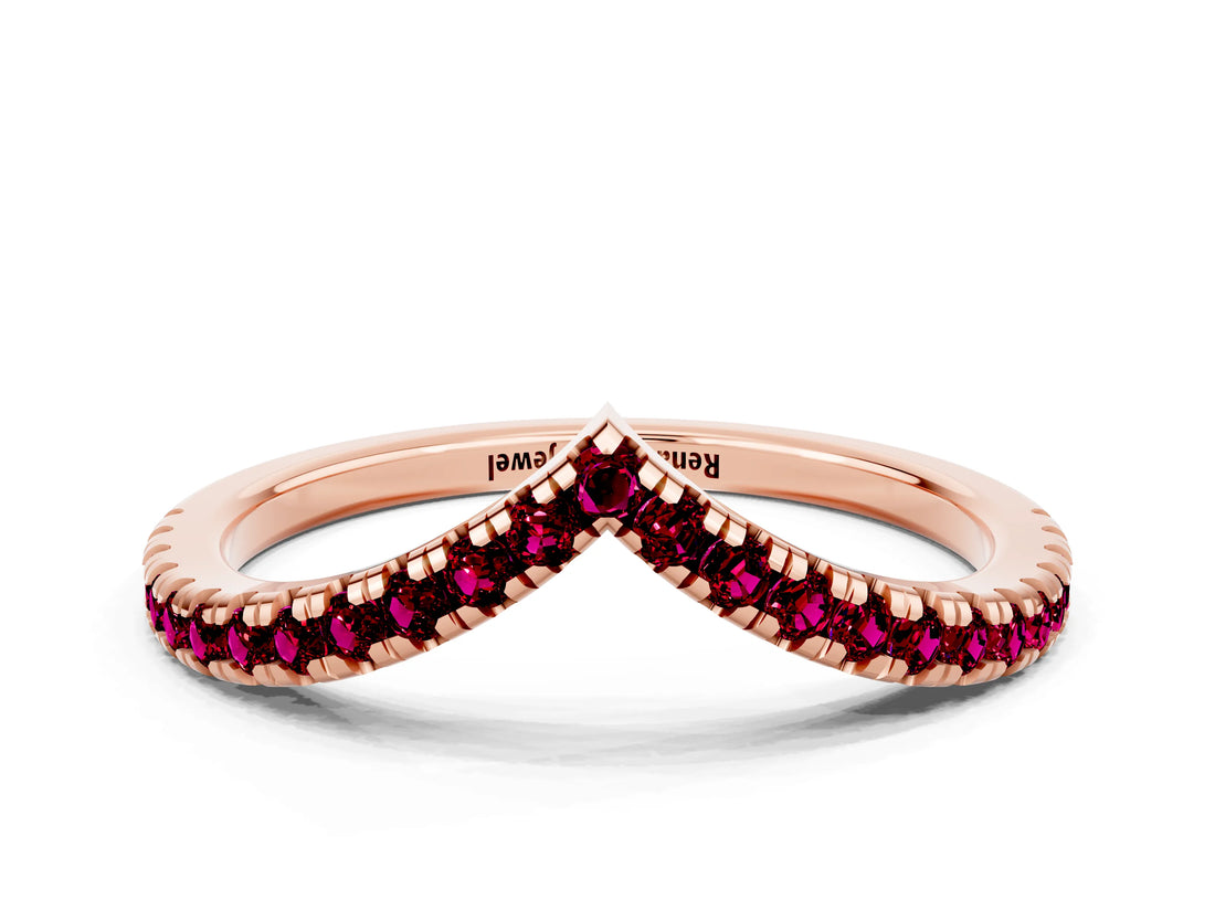 Rose gold Pavé Round Garnet V-Shaped Chevron Band with Shared Prong Setting_6
