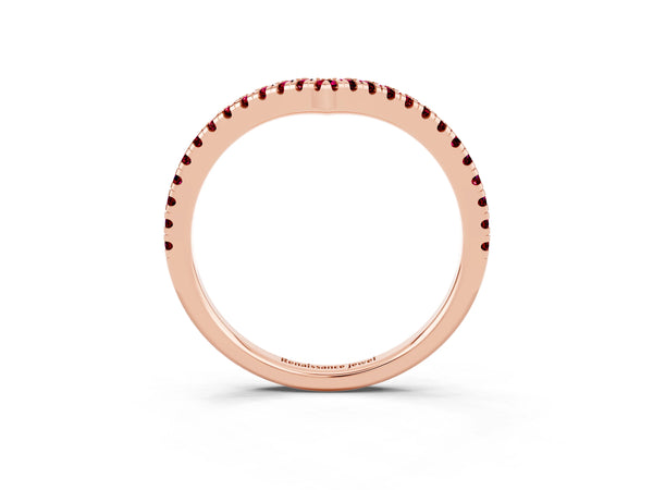 Rose Gold Round Garnet V Chevron Pave Wedding Band with Shared Prongs