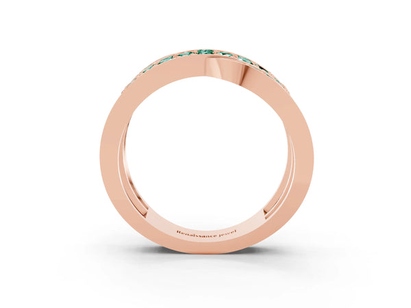 Rose gold Pavé Round Green Sapphire Crossover Band with Bead Prong Setting