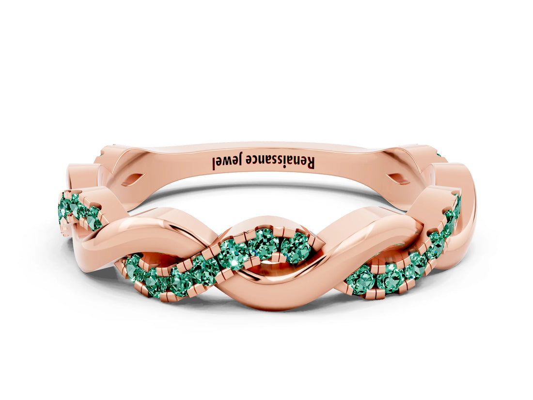 Rose gold Pavé Round Green Sapphire Twist Eternity Band with Shared Prong Setting_18