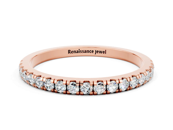 Rose Gold Round Moissanite Slim Pave Half Eternity Band with Shared Prongs