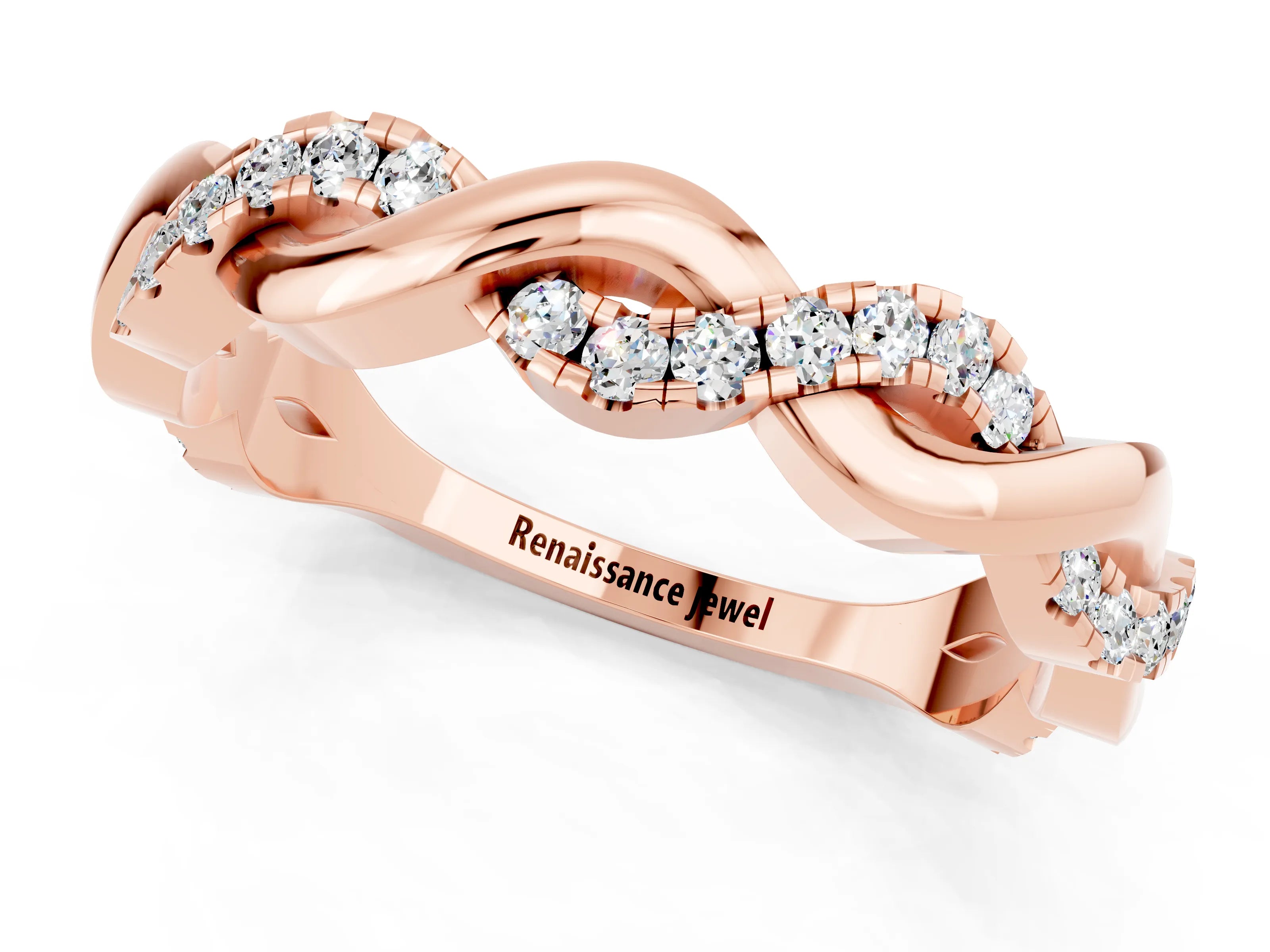 Rose gold Pavé Round Moissanite Twist Eternity Band with Shared Prong Setting_7