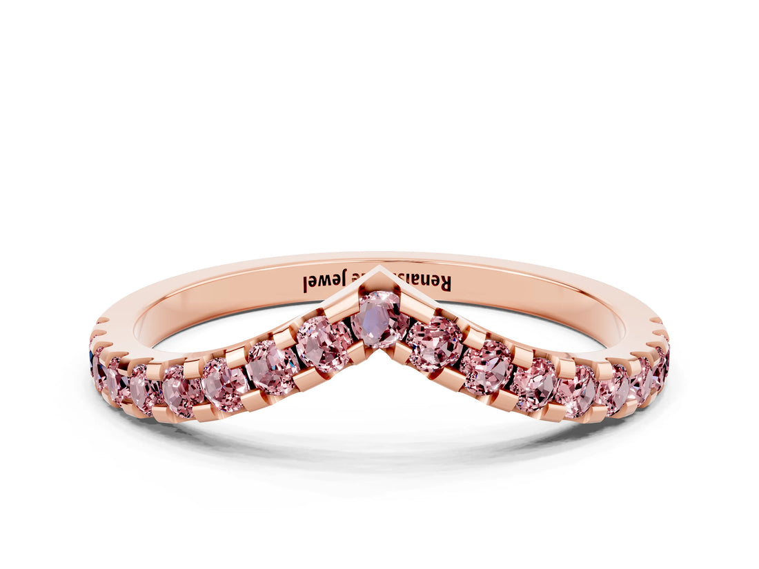 Rose gold Pavé Round Morganite Chevron Band with Shared Prong Setting_6