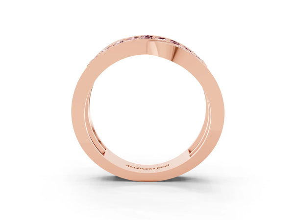 Rose gold Pavé Round Morganite Crossover Band with Bead Prong Setting