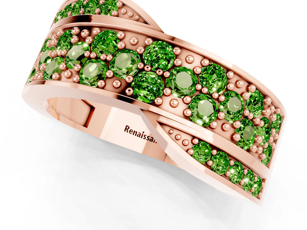 Rose gold Pavé Round Peridot Crossover Band with Bead Prong Setting