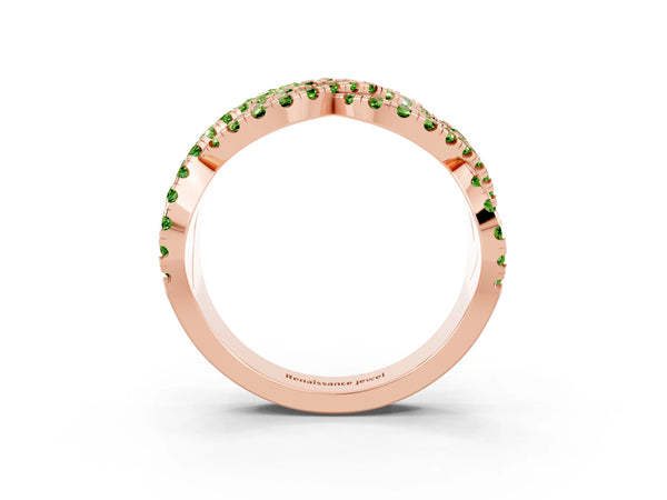Rose Gold Round Peridot Pave Infinity Twist Wedding Band with Shared Prongs