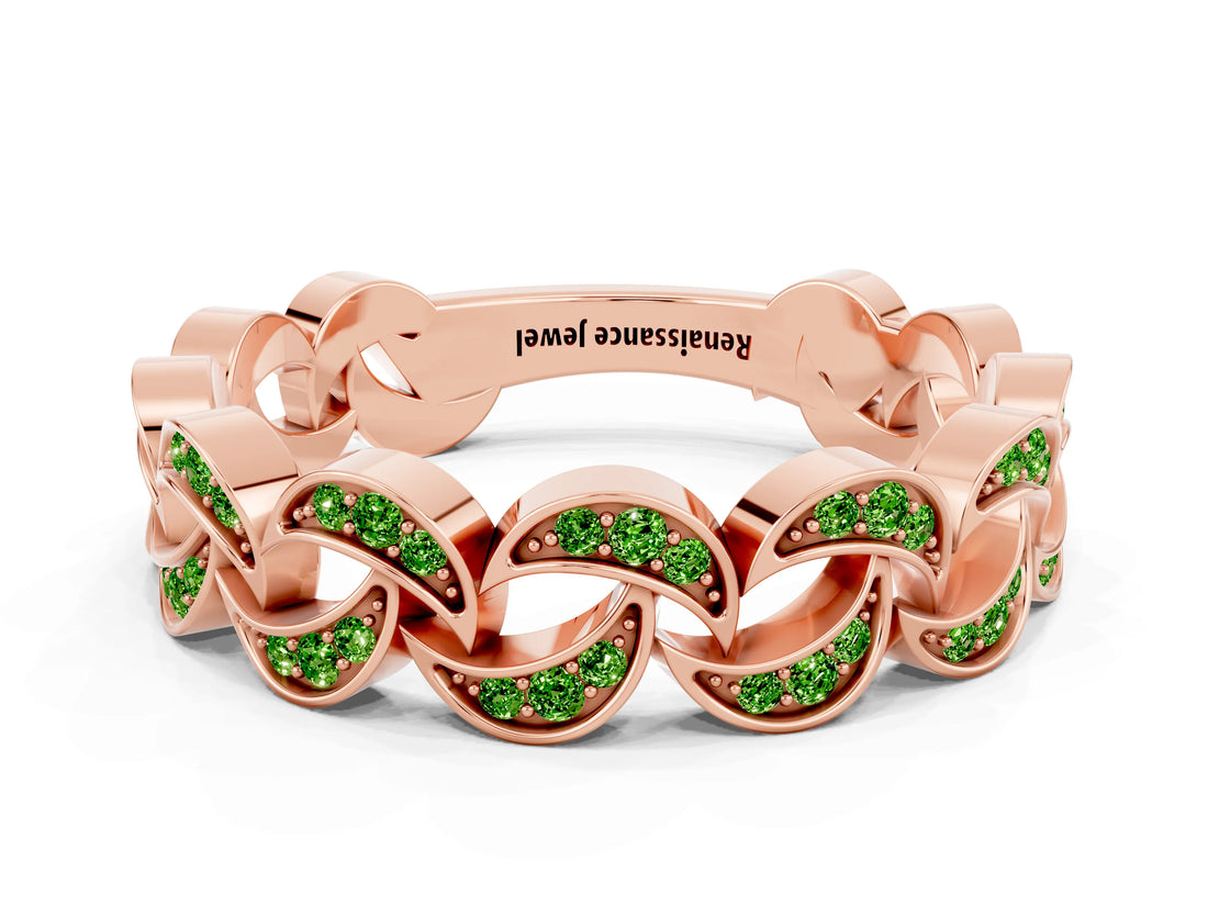 Rose gold Pavé Round Peridot Interlocking Eternity Band with Bezel Prong Setting_6