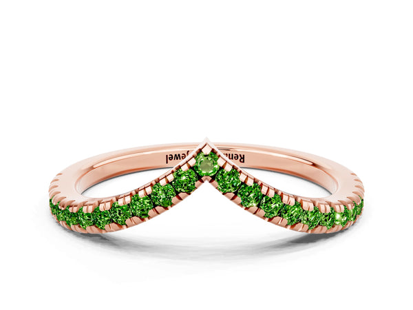 Rose Gold Round Peridot V Chevron Pave Wedding Band with Shared Prongs