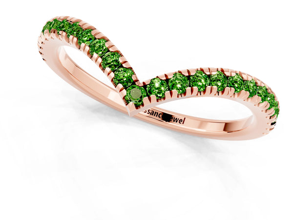 Rose Gold Round Peridot V Chevron Pave Wedding Band with Shared Prongs