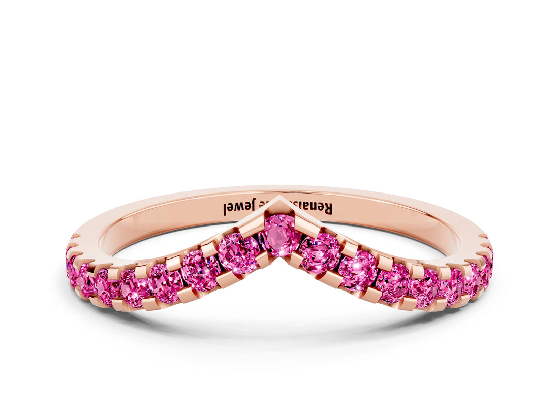 Rose gold Pavé Round Pink Sapphire Chevron Band with Shared Prong Setting_18