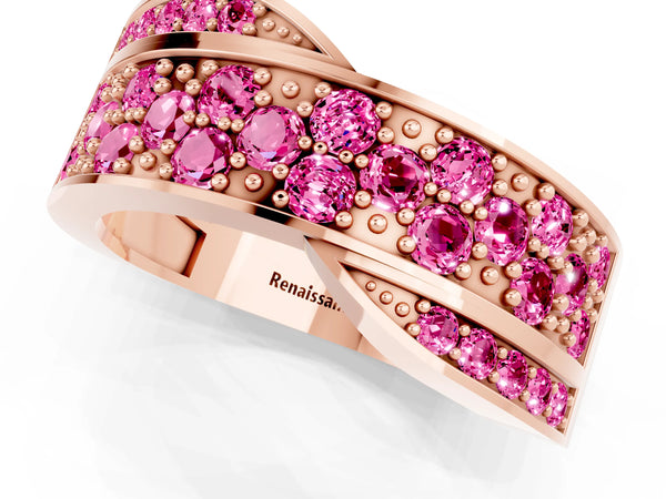 Rose gold Pavé Round Pink Sapphire Crossover Band with Bead Prong Setting