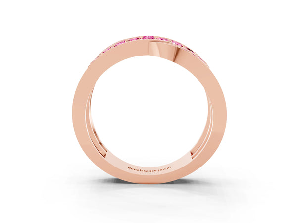 Rose gold Pavé Round Pink Sapphire Crossover Band with Bead Prong Setting
