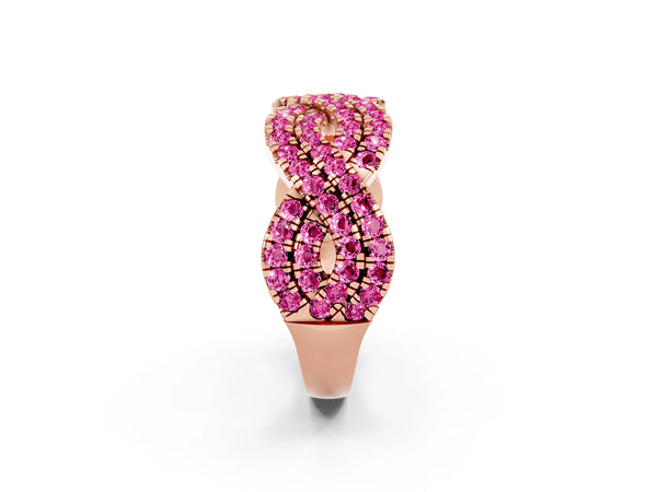 Rose Gold Round Lab-Grown Pink Sapphire Pave Infinity Twist Wedding Band with Shared Prongs