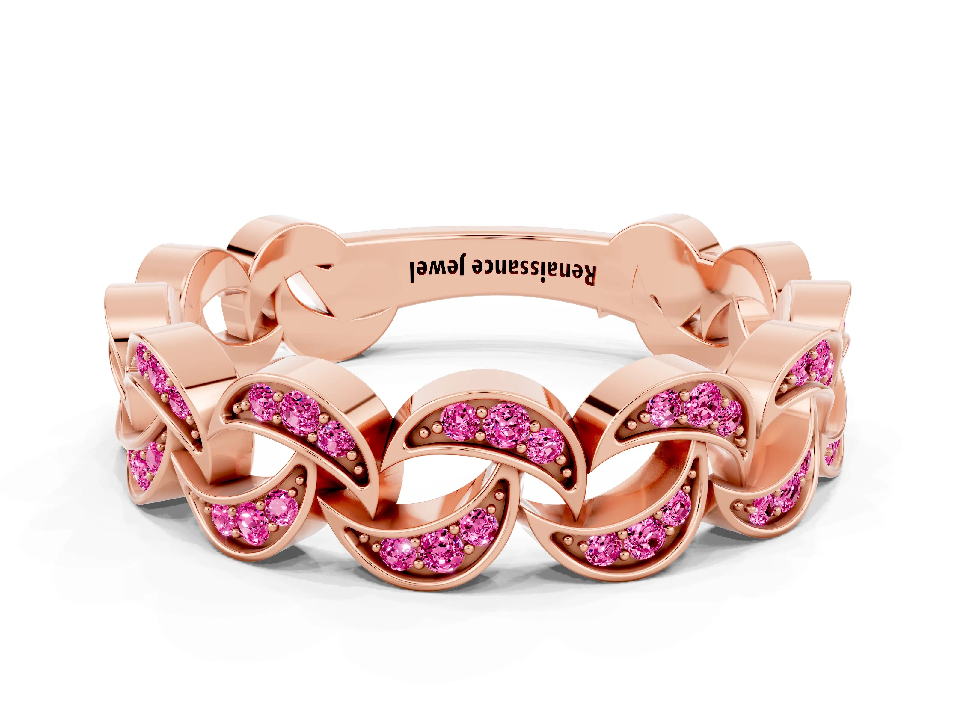 Rose gold Pavé Round Pink Sapphire Interlocking Eternity Band with Bezel Prong Setting_6