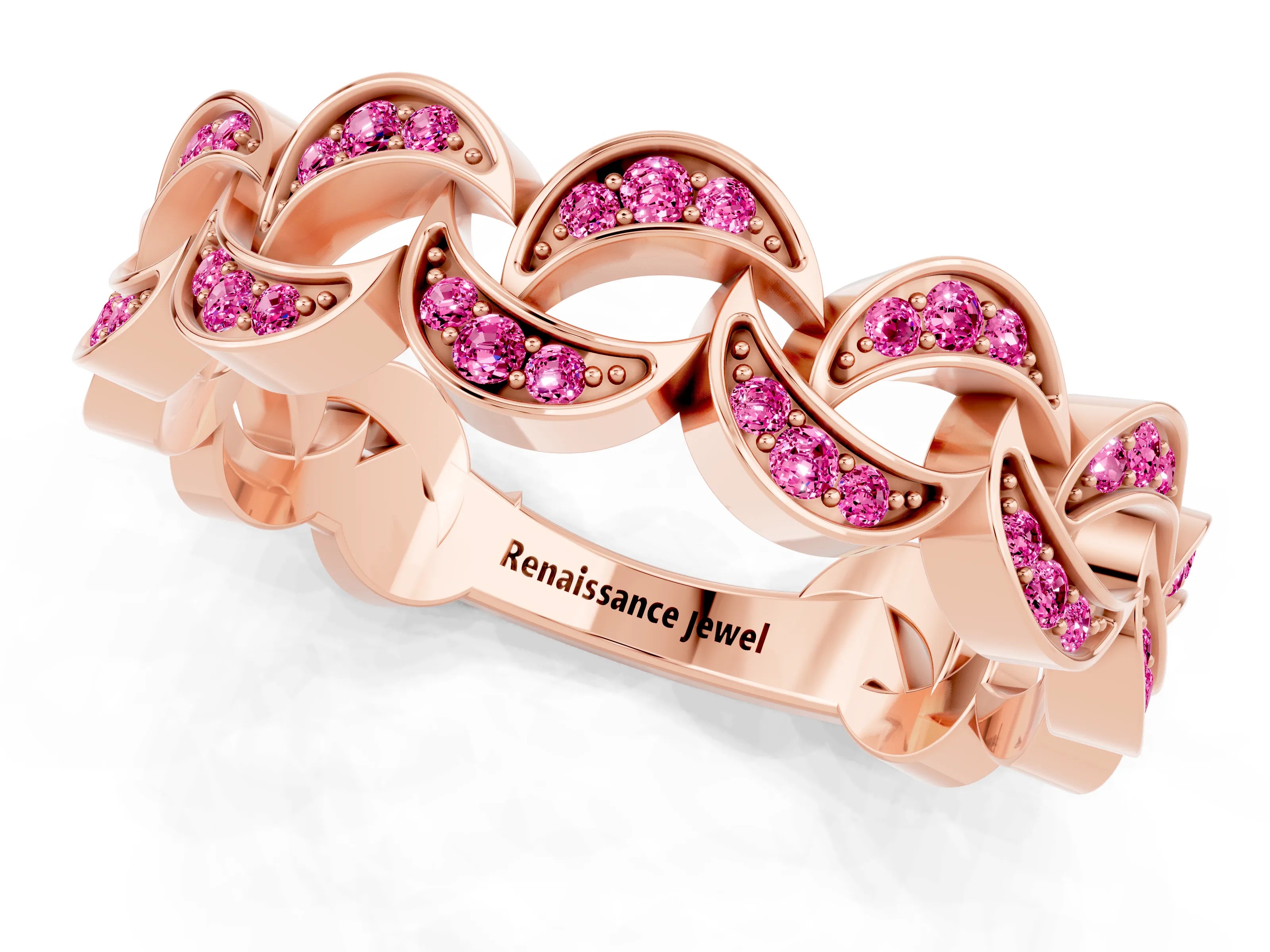 Rose gold Pavé Round Pink Sapphire Interlocking Eternity Band with Bezel Prong Setting_7