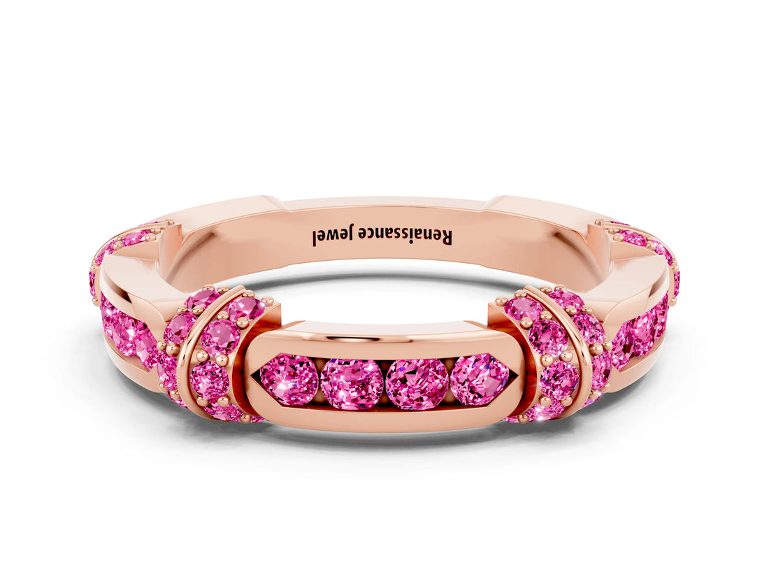 Rose gold Pavé Round Pink Sapphire Link Band with Bezel Setting_30