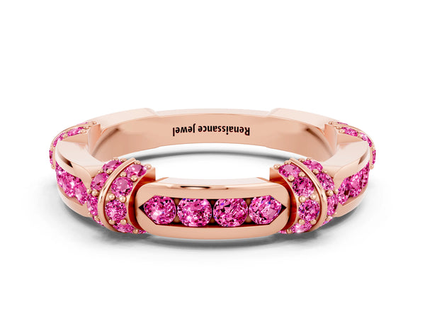 Rose Gold Lab-Grown Pink Sapphire Pave Link Wedding Band with Channel Set Top Panel