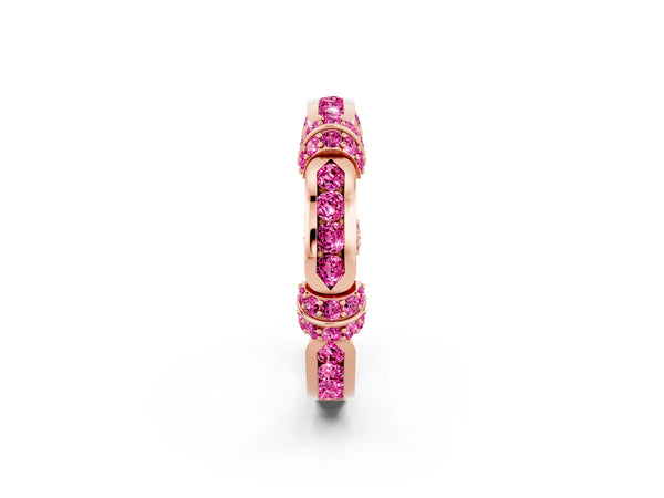 Rose Gold Lab-Grown Pink Sapphire Pave Link Wedding Band with Channel Set Top Panel
