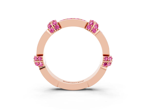Rose Gold Lab-Grown Pink Sapphire Pave Link Wedding Band with Channel Set Top Panel