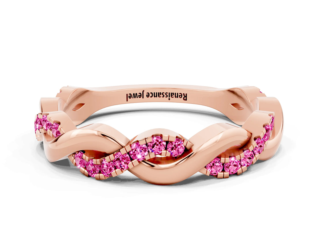 Rose gold Pavé Round Pink Sapphire Twist Eternity Band with Shared Prong Setting_18
