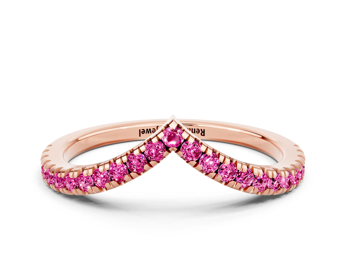 Rose gold Pavé Round Pink Sapphire V-Shaped Chevron Band with Shared Prong Setting_18