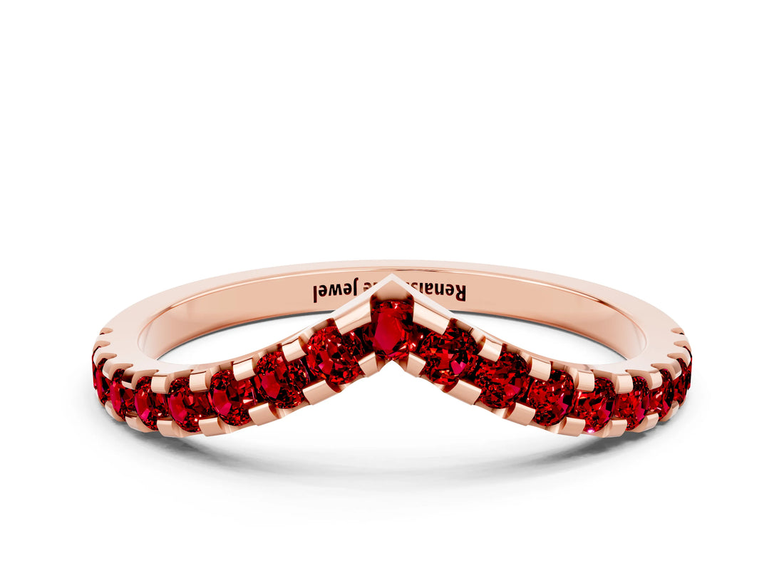 Rose gold Pavé Round Ruby Chevron Band with Shared Prong Setting_6
