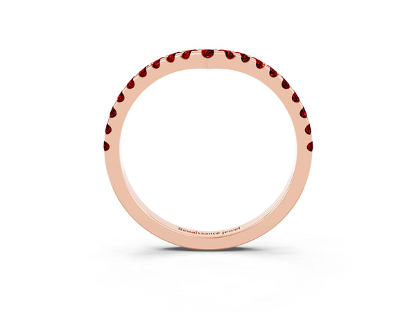Rose Gold Round Lab-Grown Ruby Pave Chevron Curved Wedding Band with Shared Prongs