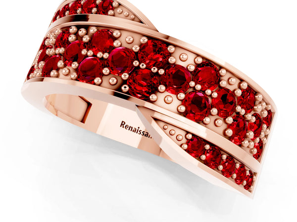 Rose gold Pavé Round Ruby Crossover Band with Bead Prong Setting