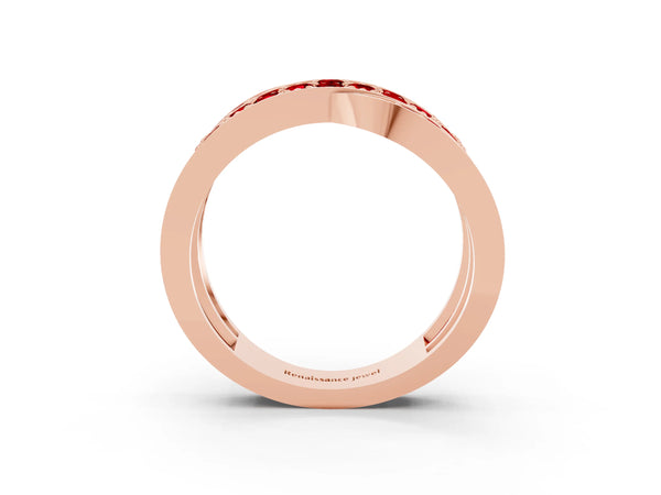 Rose gold Pavé Round Ruby Crossover Band with Bead Prong Setting