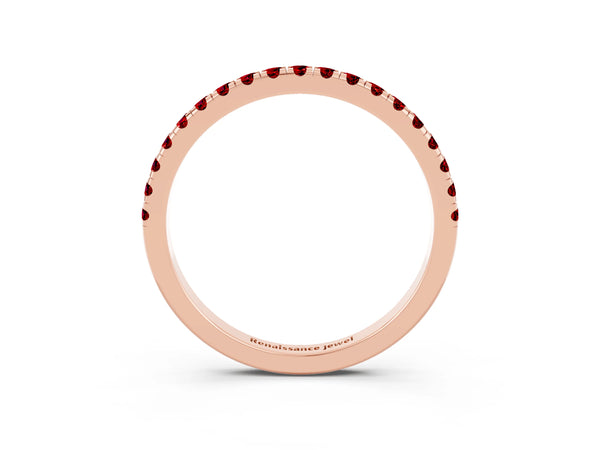 Rose Gold Round Lab-Grown Ruby Slim Pave Half Eternity Band with Shared Prongs